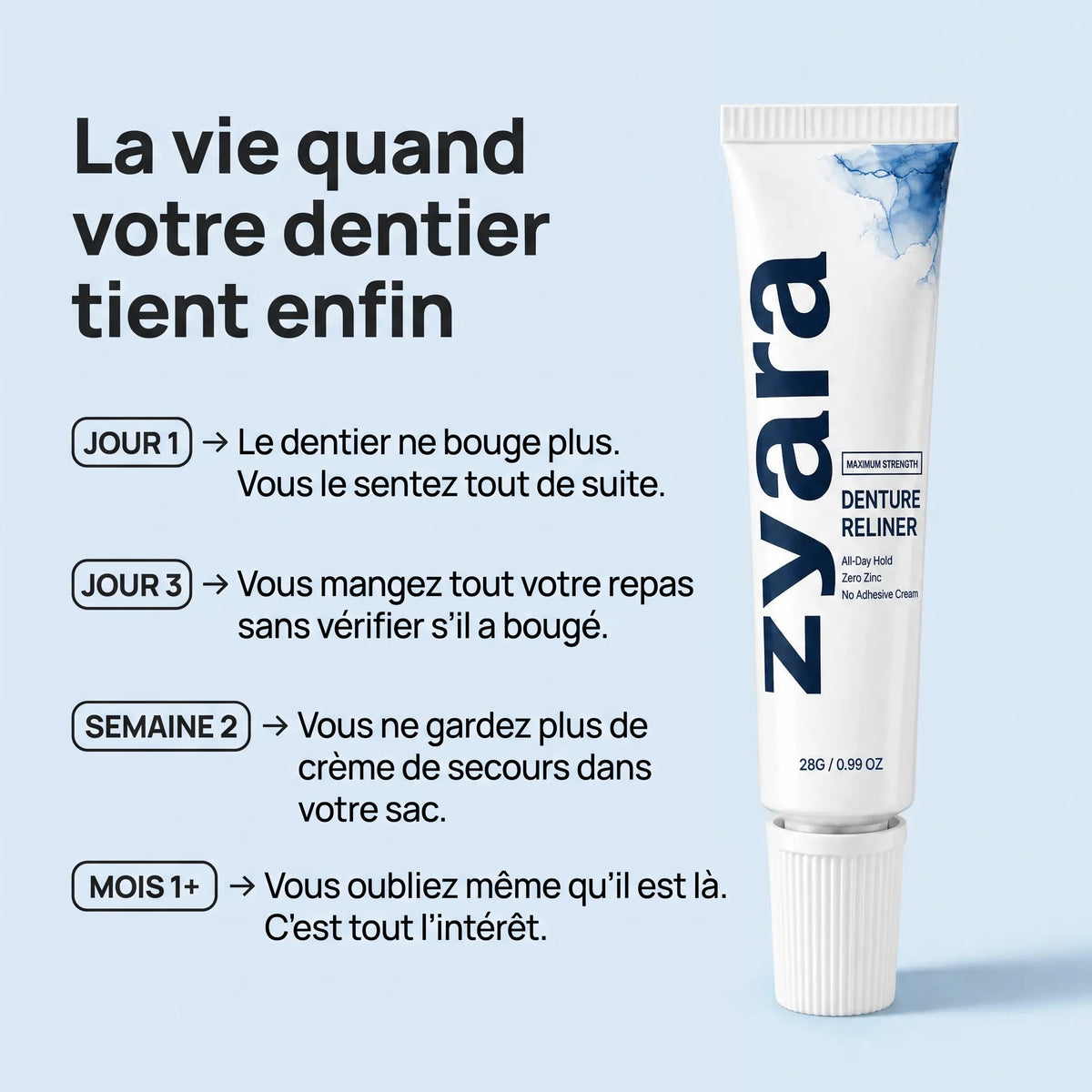 Zyara™ | Fini le dentier qui glisse — Tenue sûre toute la journée